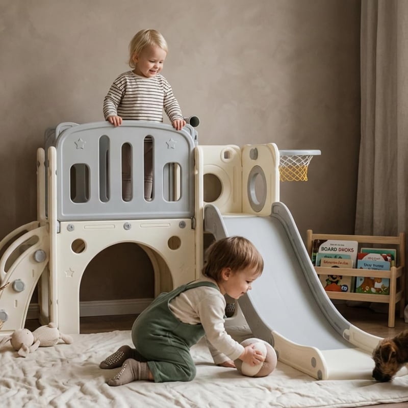 hoopyosms Szürke gyerek csúszda mászókerettel kosárlabda karikával alagúttal beltéri műanyag Montessori játszótér