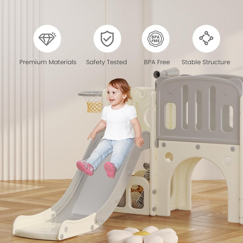 hoopyosms Szürke gyerek csúszda mászókerettel kosárlabda karikával alagúttal beltéri műanyag Montessori játszótér