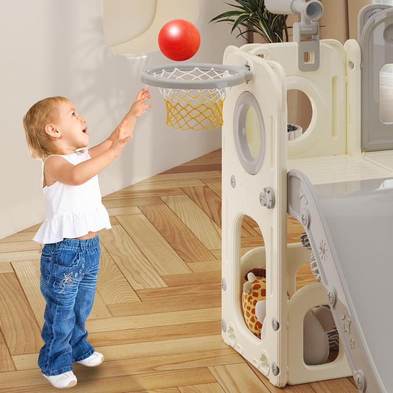 hoopyosms Szürke gyerek csúszda mászókerettel kosárlabda karikával alagúttal beltéri műanyag Montessori játszótér