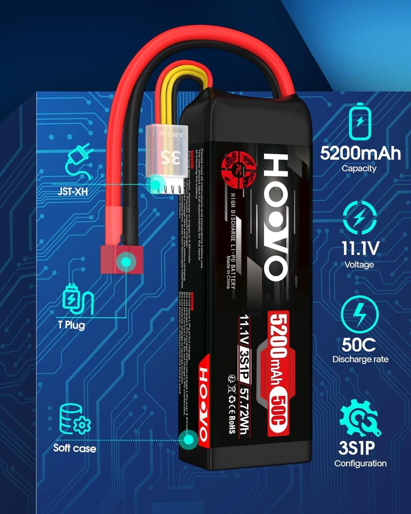 HOOVO 3S LiPo akkumulátor 11.1V 5200mAh 50C Dean T csatlakozóval RC repülő drón hajó autóhoz 2 db