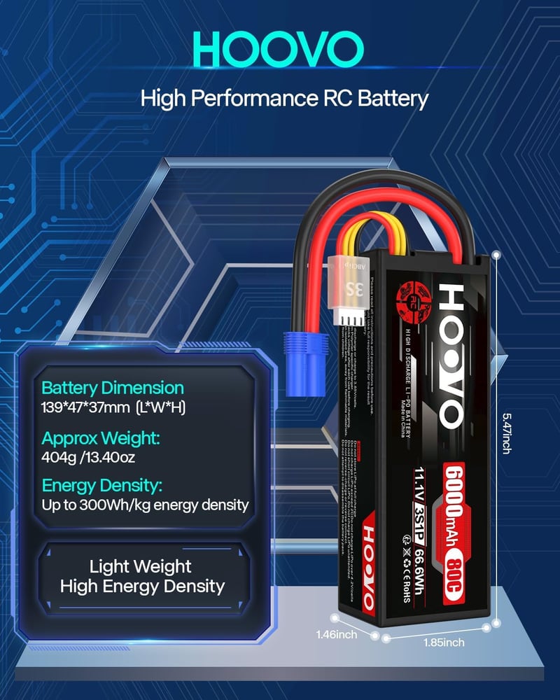 HOOVO LiPo akkumulátor 3S 11,1V 6000mAh 80C kemény tokkal EC5 csatlakozó RC 1 8 és 1 10 autókhoz teherautókhoz csónakokhoz 2 darabos készlet