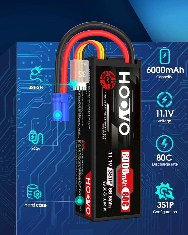HOOVO LiPo akkumulátor 3S 11,1V 6000mAh 80C kemény tokkal EC5 csatlakozó RC 1 8 és 1 10 autókhoz teherautókhoz csónakokhoz 2 darabos készlet