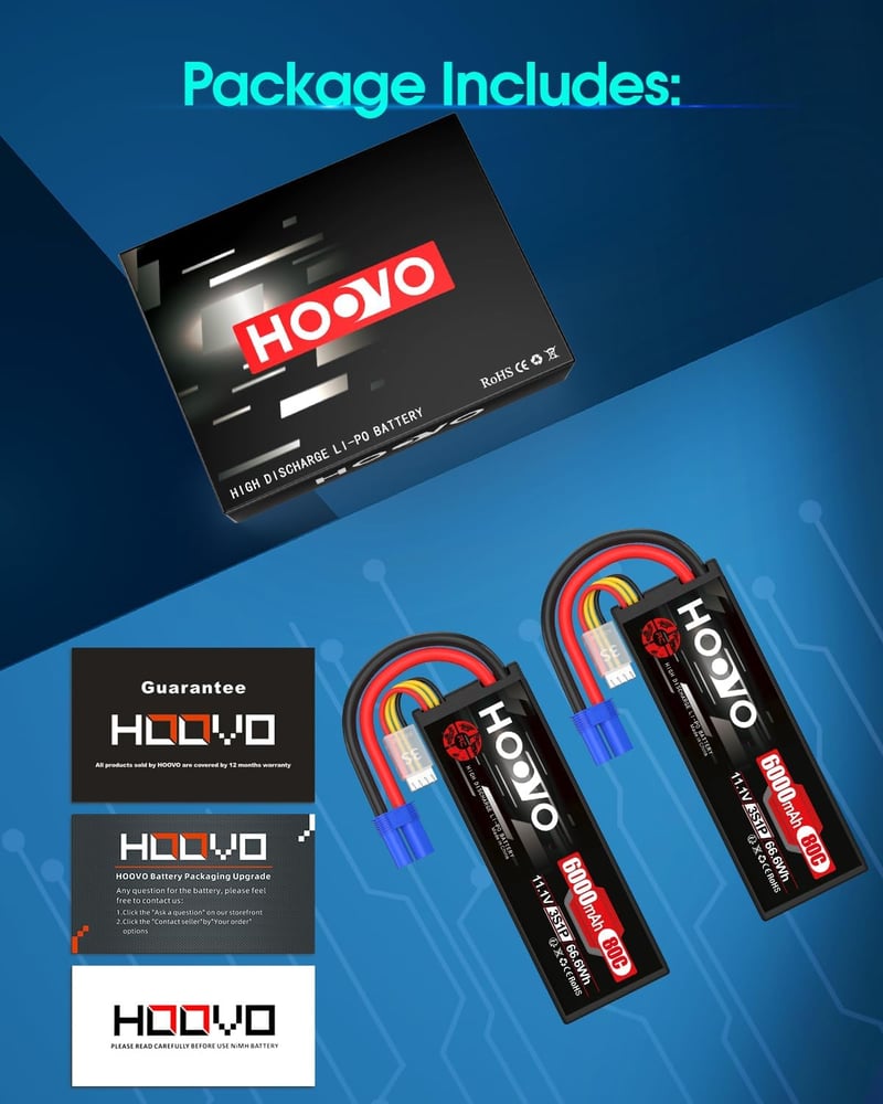 HOOVO LiPo akkumulátor 3S 11,1V 6000mAh 80C kemény tokkal EC5 csatlakozó RC 1 8 és 1 10 autókhoz teherautókhoz csónakokhoz 2 darabos készlet