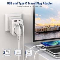 Hoppac 5-u-1 USA adapter, utičnica tipa B, 3x USB-A i 1x USB-C priključak, bijeli, za putovanja u SAD/Kanadu/Meksiko/Tajland, punjenje 5 uređaja istovremeno 2