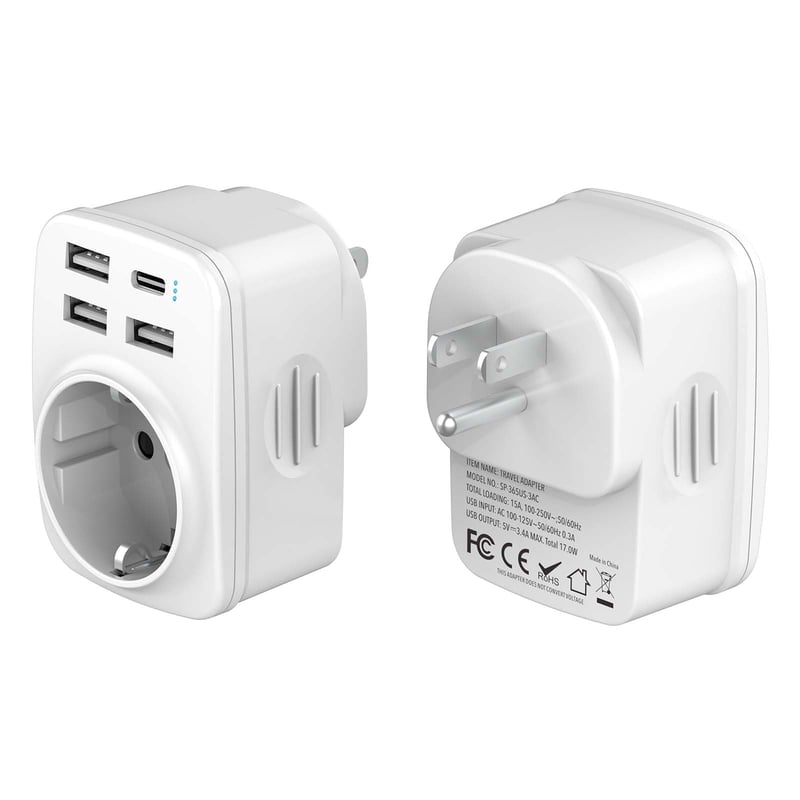 Hoppac 5-u-1 USA adapter, utičnica tipa B, 3x USB-A i 1x USB-C priključak, bijeli, za putovanja u SAD/Kanadu/Meksiko/Tajland, punjenje 5 uređaja istovremeno