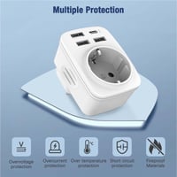 Hoppac 5-u-1 USA adapter, utičnica tipa B, 3x USB-A i 1x USB-C priključak, bijeli, za putovanja u SAD/Kanadu/Meksiko/Tajland, punjenje 5 uređaja istovremeno 6