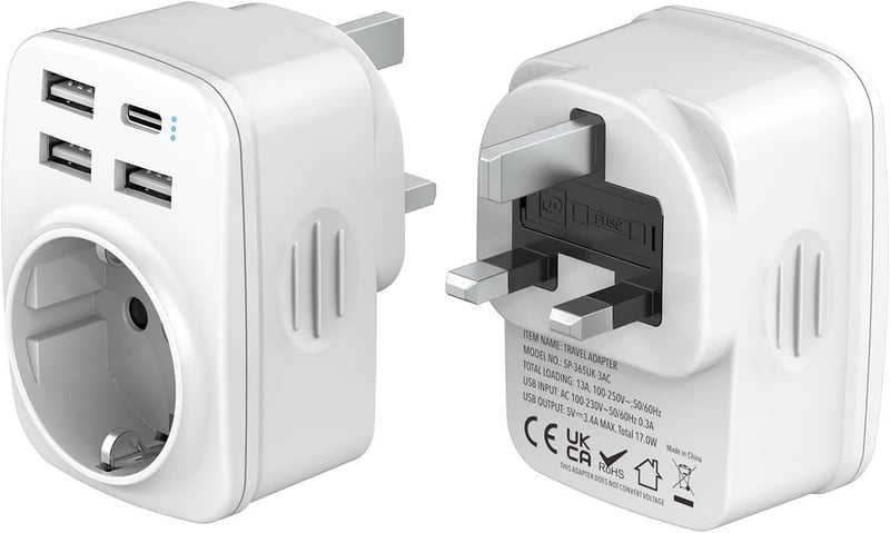Hoppac 5 az 1-ben utazási adapter UK/Type G – 3× USB-A, 1× USB-C – fehér