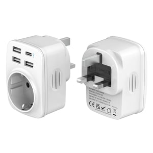 Cestovný adaptér Hoppac 5 v 1 UK/typ G – 3× USB-A, 1× USB-C – biely