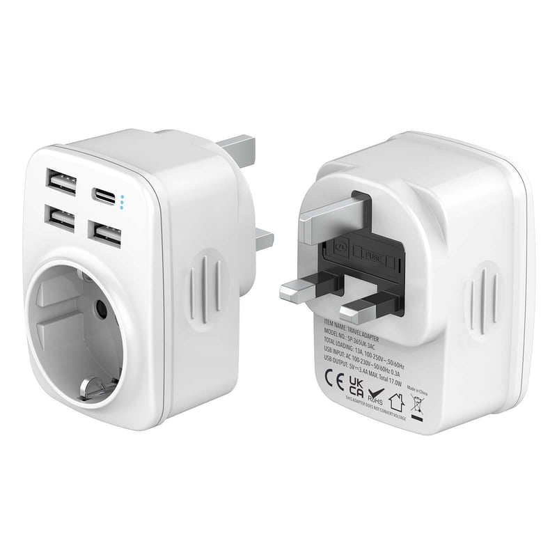 Hoppac 5-u-1 putni adapter UK/Tip G – 3× USB-A, 1× USB-C – bijeli