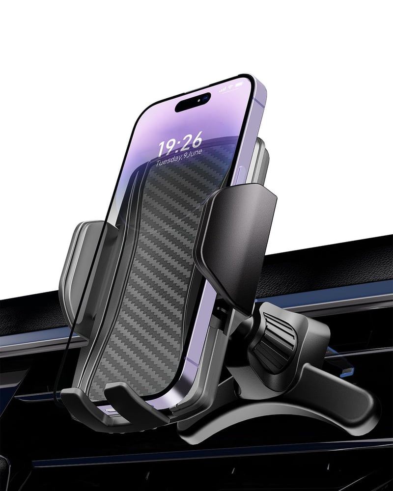 Držiak na mobil do auta Hoppac do mriežky ventilácie, pre 4-7" telefóny, s oceľovými háčikmi, otočný o 360°, čierny