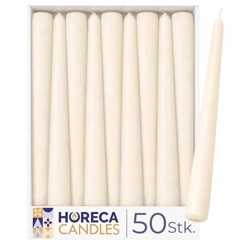Horeca Candles kónické sviečky, farba slonová kosť, Ø 2,3 x 25 cm, 50 ks, neodkvapkávajúce, bez dymu, bez vône, doba horenia 7,5 hodiny, sviečka