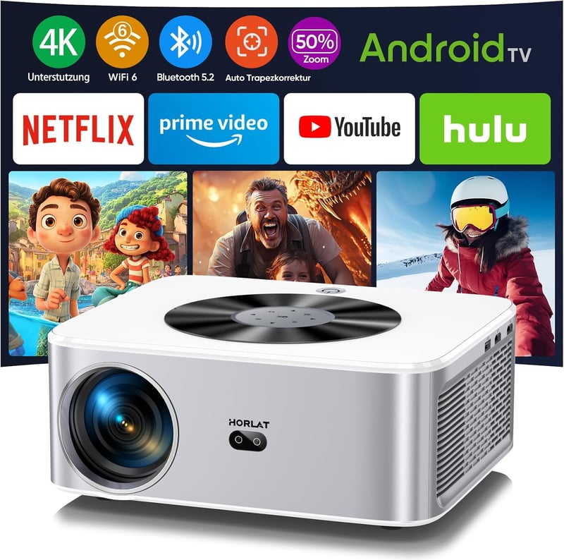 HORLAT 28000 Lumen 4K Projektor - WiFi 6, Bluetooth 5.2, Automatikus Keystone Korrekció, 50% Zoom, Android TV Rendszer, Otthoni Mozi és Okos