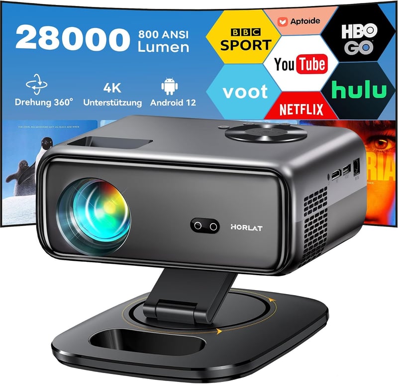 HORLAT 4K Android projektor, Full HD 1080P, WiFi 6, Bluetooth, 360° forgatható - fekete-barna