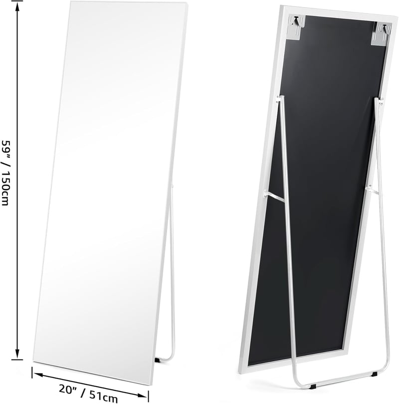 HORLIMER Álló Tükör 150x51 cm Fehér Kerettel - Teljes Alakos Fali vagy Szabadon Álló Tükörlap Hálószobába, Nappaliba, Előszobába, Öltözőbe