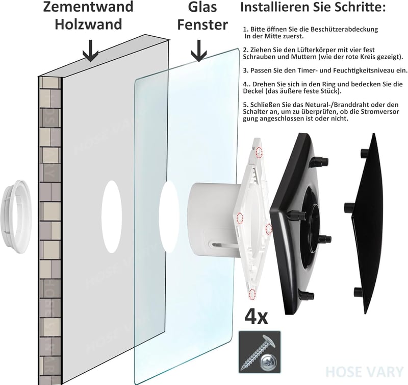 Hose Vary 150mm fekete fürdőszobai ventilátor párazáró szeleppel és visszacsapó lappal