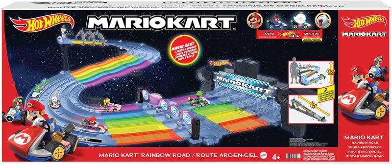 Hot Wheels Mario Kart Versenyautó Pálya Szivárványszínekben, 2 Autóval (Mario & King Boo), Fény és Hangeffektekkel, 2.5m Hosszú, 4 Évtől