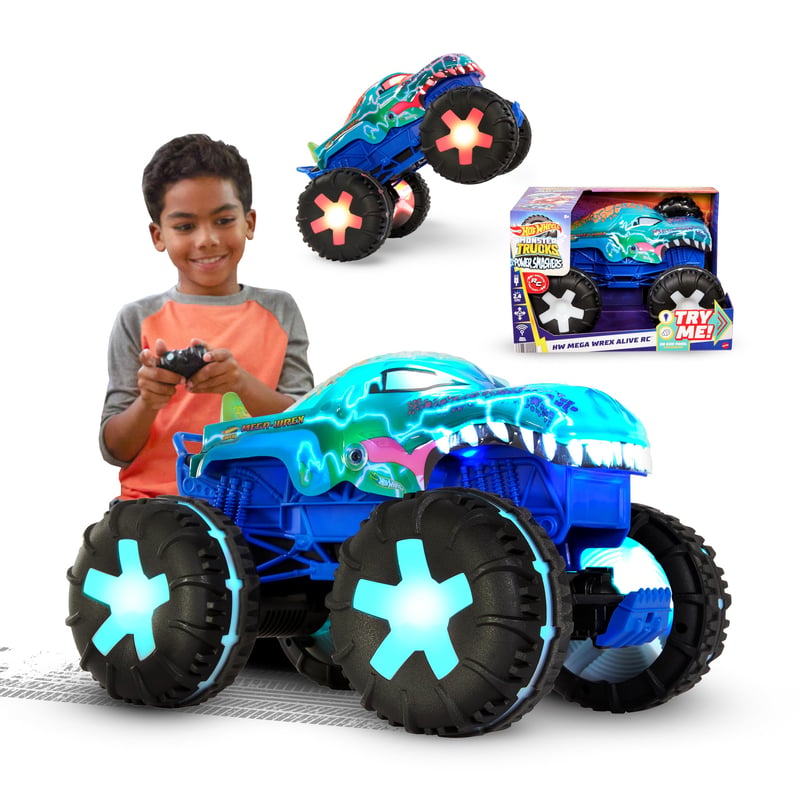 Na diaľkové ovládanie ovládané auto Hot Wheels Monster Trucks JBD90 Mega Wrex Alive v mierke 1:15, s 3 hernými režimami, interaktívnymi svetlami a zvukmi