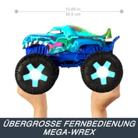 Na diaľkové ovládanie ovládané auto Hot Wheels Monster Trucks JBD90 Mega Wrex Alive v mierke 1:15, s 3 hernými režimami, interaktívnymi svetlami a zvukmi 3