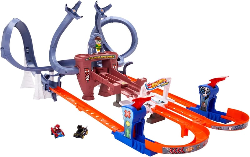 Hot Wheels RacerVerse Pókember Hálóvető Versenypálya Spider-Man és Black Panther Kisautókkal, Dr. Octopus Elől Menekülve, 4+ Éves Gyerekekne
