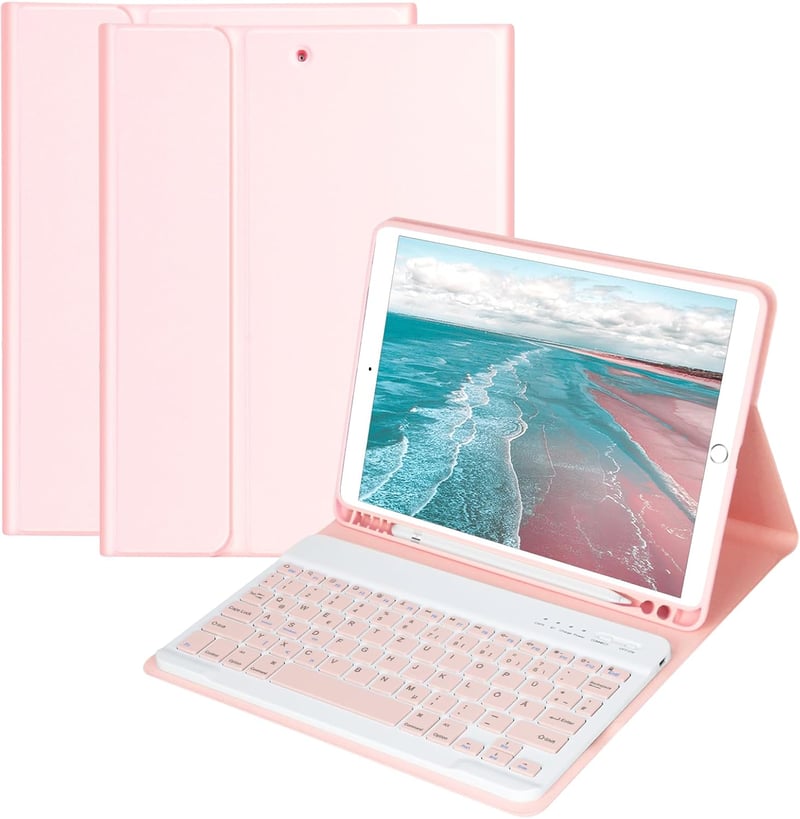 HOTLIFE Bluetooth Billentyűzet Tok iPad 10.2" - Mágneses QWERTZ Német Billentyűzet Rózsaszín