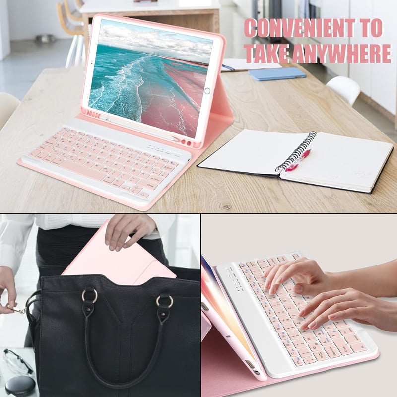 HOTLIFE Bluetooth Billentyűzet Tok iPad 10.2" - Mágneses QWERTZ Német Billentyűzet Rózsaszín