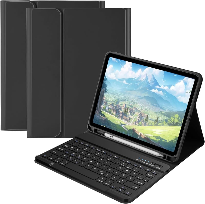 HOTLIFE iPad Air 11 hüvely billentyűzettel, M2/M3 2024/2025, toll tartóval, fekete