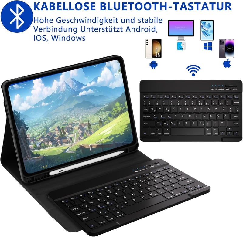 HOTLIFE iPad Air 11 hüvely billentyűzettel, M2/M3 2024/2025, toll tartóval, fekete