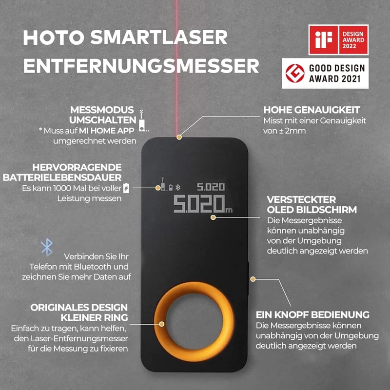 HOTO Lézeres Távolságmérő 30m Hatótáv, Bluetooth Kapcsolat, OLED Kijelző, USB-C Töltés, Digitális Lézermérő Szalag