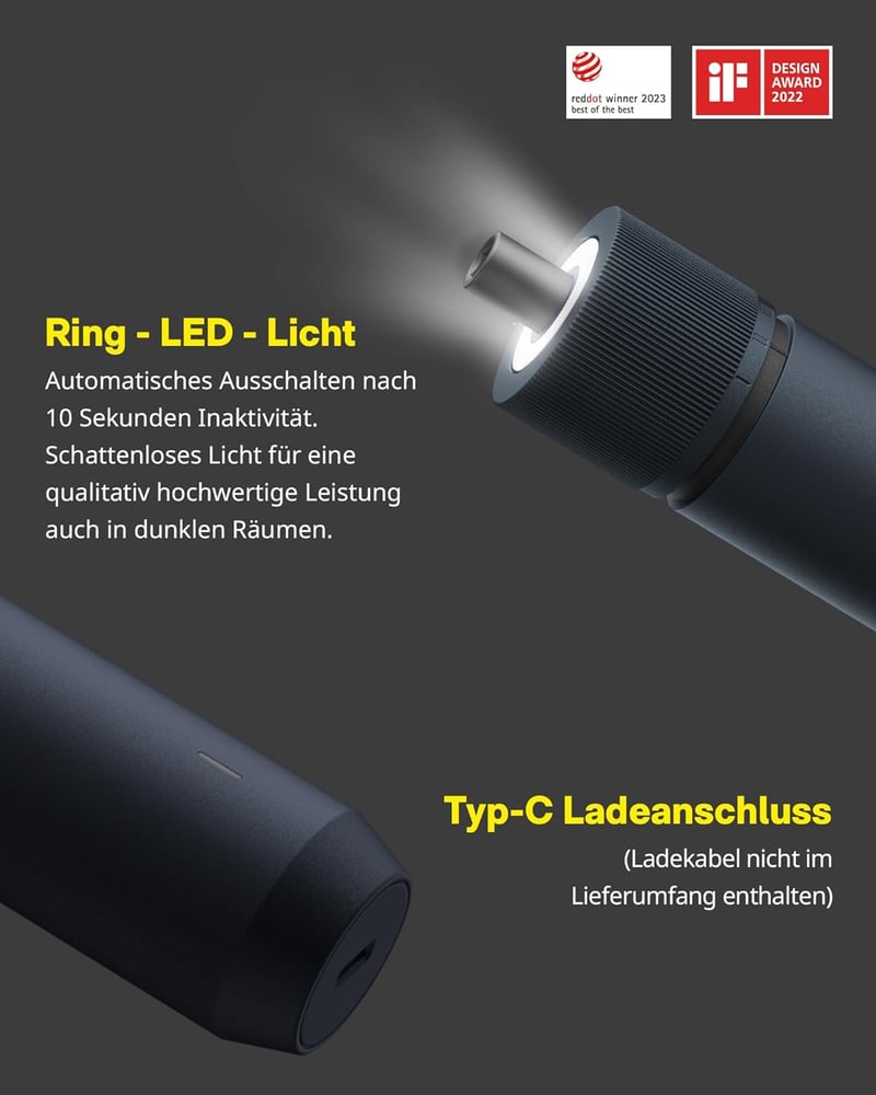 HOTO Mágneses Elektromos Csavarhúzó 25 Bittel, LED Lámpával és USB-C Töltéssel