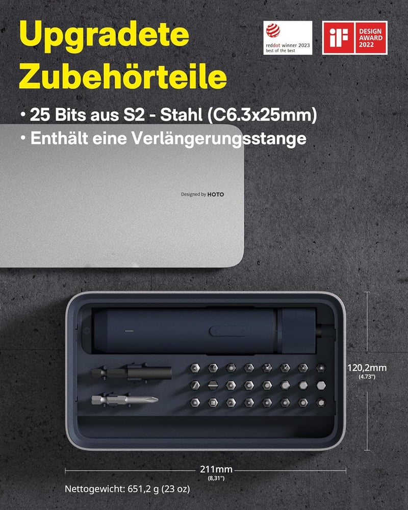 HOTO Mágneses Elektromos Csavarhúzó 25 Bittel, LED Lámpával és USB-C Töltéssel