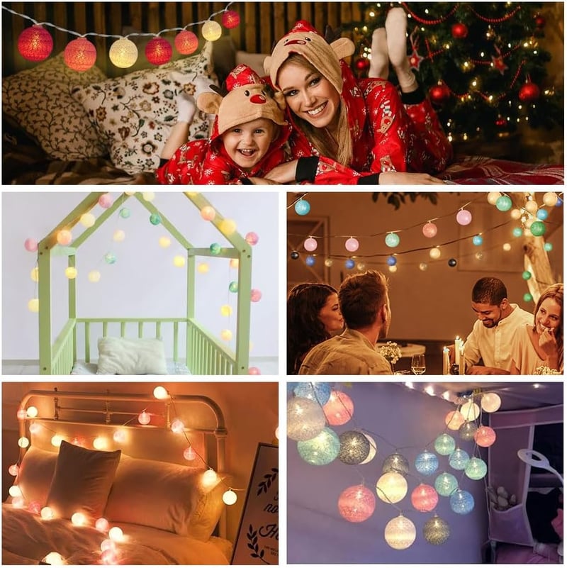 HOTUT 3,3m USB LED pamutgolyó fényfüzér 20 színes izzóval gyerekszobához
