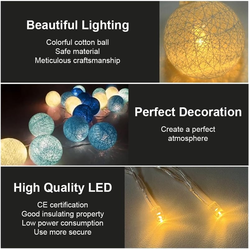 HOTUT 3,3m USB LED pamutgolyó fényfüzér 20 színes izzóval gyerekszobához