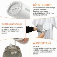 HOTUT Prenosný naparovač odevov, 1500 W parná kefa, ručná naparovacia žehlička s 300 ml nádržkou na vodu, vrátane žehliacej rukavice a odstraňovača žmolkov, biela 3