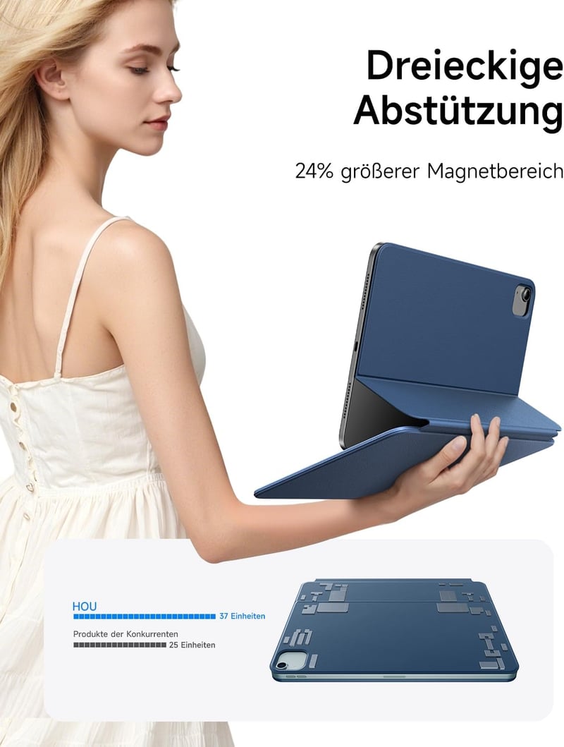 HOU Billentyűzetes Tok iPad Pro 11 (2018-2022) és Air 11 M3/M2 Modellekhez, Vékony Folio Védőtok QWERTZ Kiosztással, Fekete