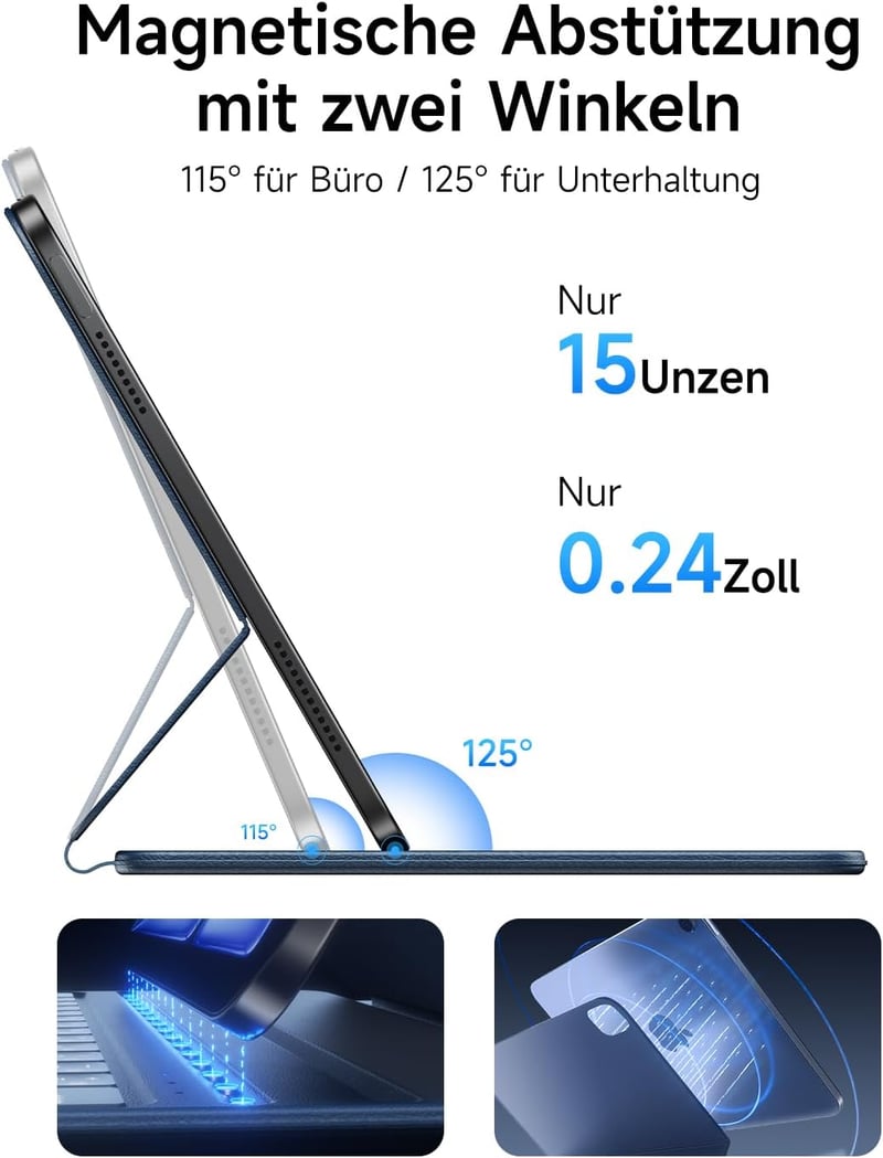 HOU Billentyűzetes Tok iPad Pro 11 (2018-2022) és Air 11 M3/M2 Modellekhez, Vékony Folio Védőtok QWERTZ Kiosztással, Fekete