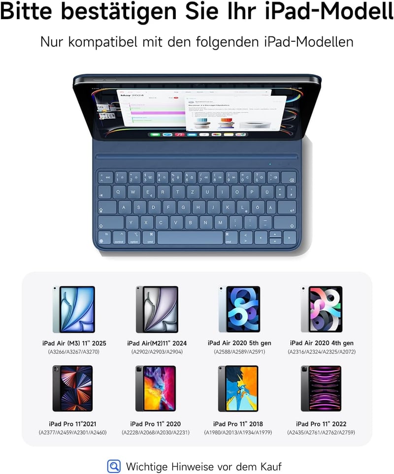 HOU Billentyűzetes Tok iPad Pro 11 (2018-2022) és Air 11 M3/M2 Modellekhez, Vékony Folio Védőtok QWERTZ Kiosztással, Fekete