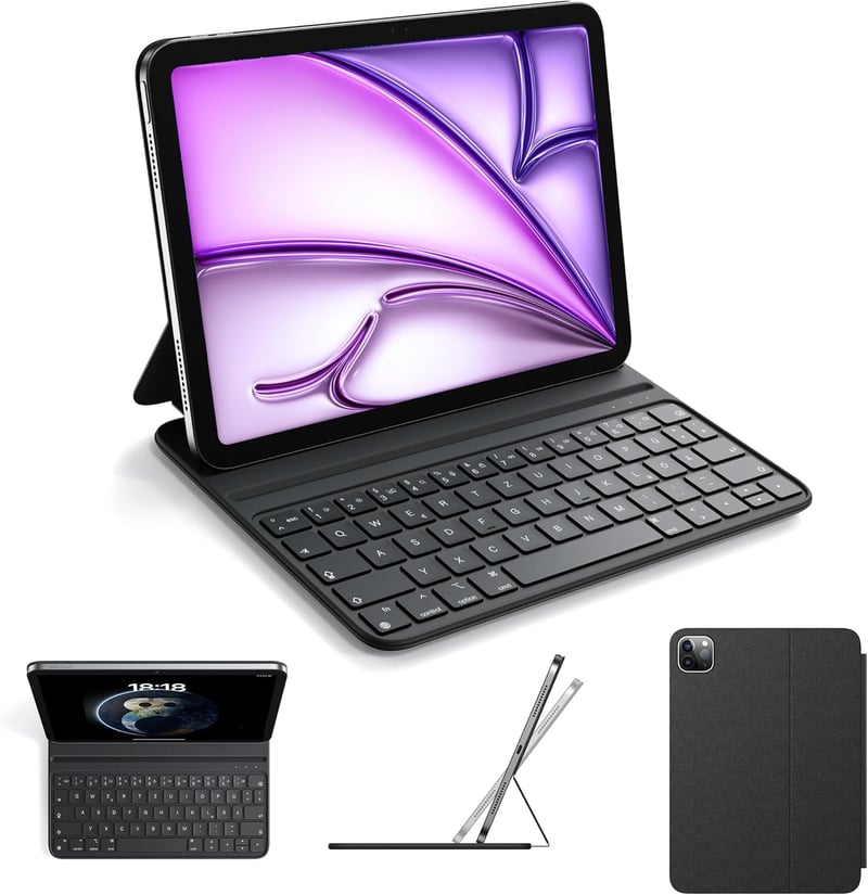 HOU Billentyűzetes Tok iPad Pro 11 (2018-2022) és Air 11 M3/M2 Modellekhez, Vékony Folio Védőtok QWERTZ Kiosztással, Fekete