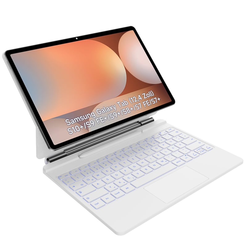 Puzdro s klávesnicou HOU pre Samsung Galaxy Tab S10+/S9+/S9 FE+/S8+/S7+/S7 FE 12,4", magnetický stojan, trackpad, držiak na S Pen, 7-farebné podsvietenie, biele