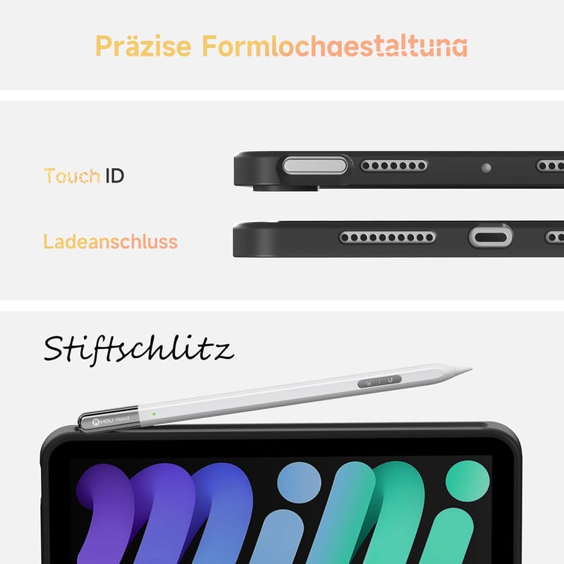 HOU Bluetooth Billentyűzet Tok iPad Mini 7/6 Készülékhez - Ultravékony, Mágneses, Állítható, 7 Színű Háttérvilágítás, QWERTZ Kiosztás