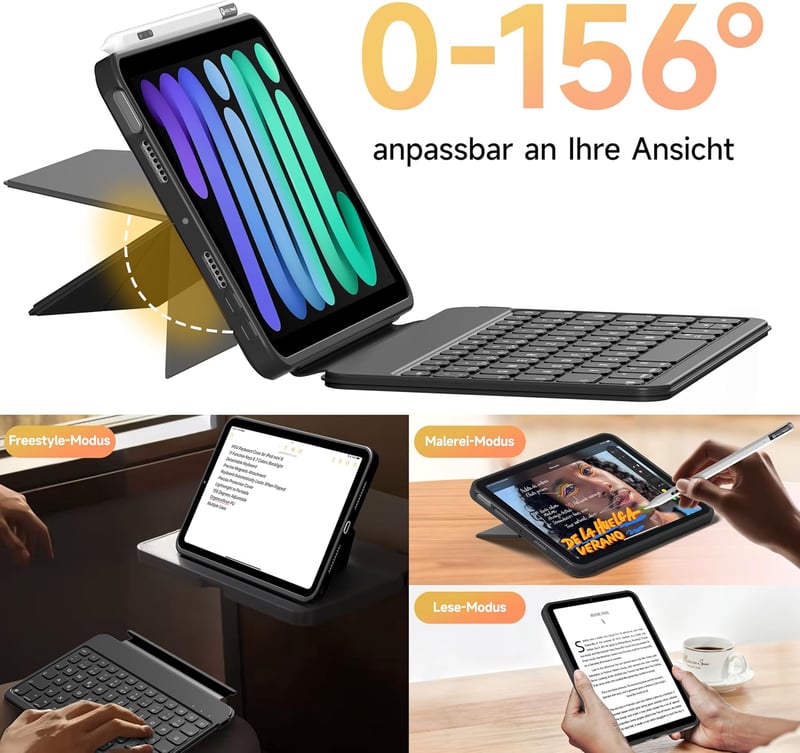 HOU Bluetooth Billentyűzet Tok iPad Mini 7/6 Készülékhez - Ultravékony, Mágneses, Állítható, 7 Színű Háttérvilágítás, QWERTZ Kiosztás