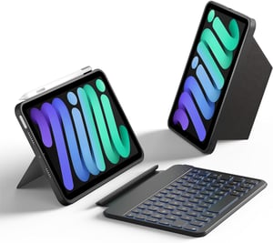 HOU Bluetooth tipkovnica s futrolom za iPad Mini 7/6 - Ultratanka, magnetska, podesiva, 7 boja pozadinskog osvjetljenja, QWERTZ raspored
