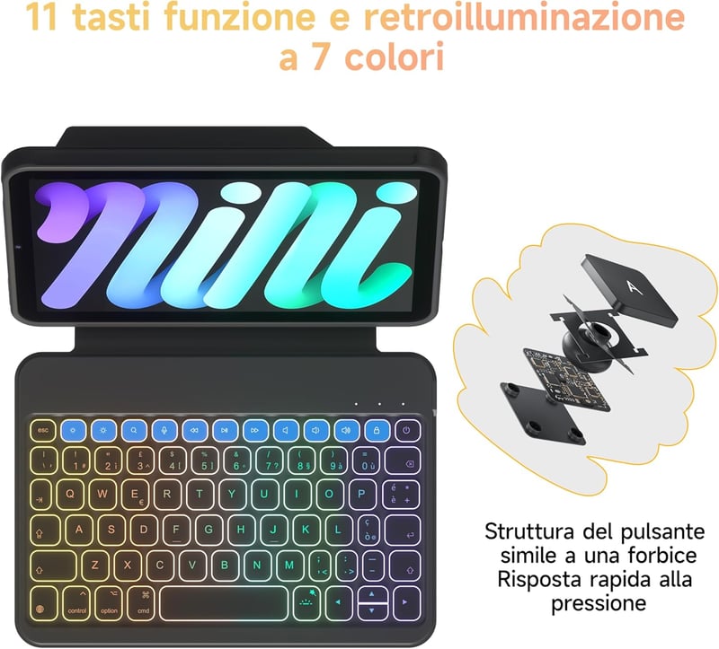 HOU Bluetooth Billentyűzetes Tok iPad Mini 6 (2021) 8.3" Tablethez - 150° Mágnesesen Levehető, Ütésálló Védőtok USB-C Töltéssel, Fekete