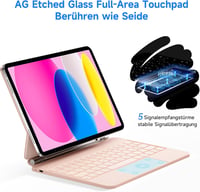 HOU iPad 10 Billentyűzet Trackpaddal - 7 Színű Háttérvilágítás, Mágneses Tok, QWERTZ Kiosztás, 10. Generációs iPad 2022 Kompatibilis, Rózsas 3