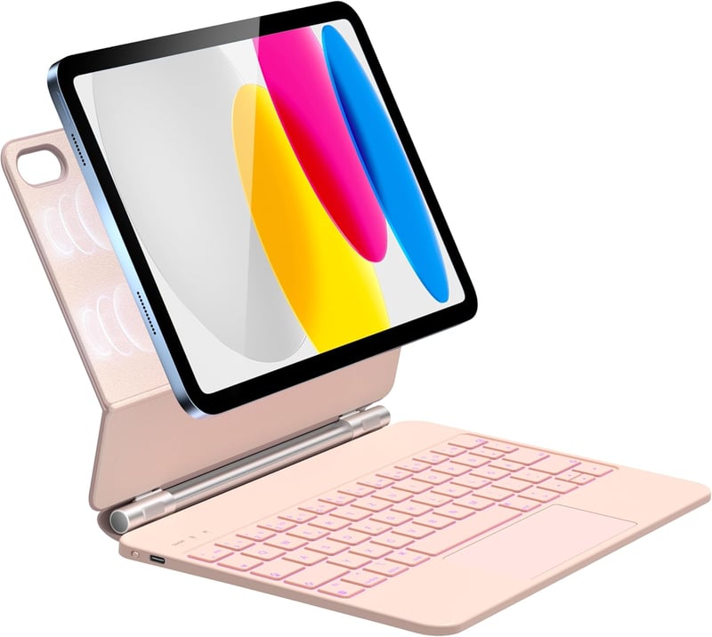 HOU iPad 10 Billentyűzet Trackpaddal - 7 Színű Háttérvilágítás, Mágneses Tok, QWERTZ Kiosztás, 10. Generációs iPad 2022 Kompatibilis, Rózsas