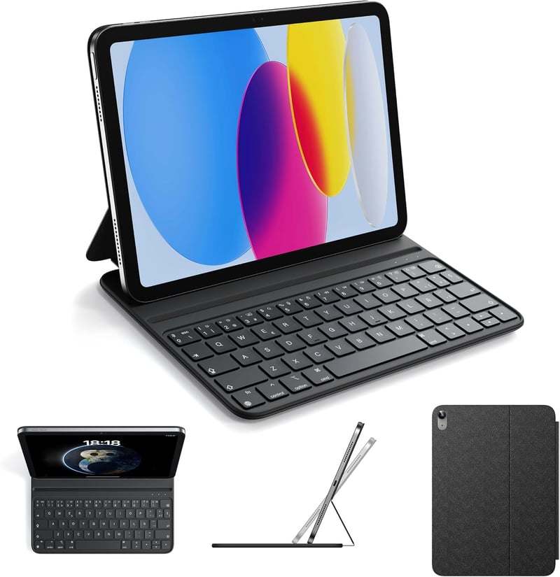 HOU iPad 10. és 11. Generáció Billentyűzet Tok Mágneses Tartóval, Bluetooth Kapcsolat, Fekete Műbőr, Vékony Dizájn