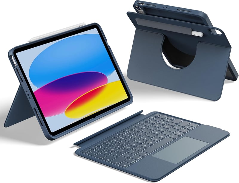 HOU iPad 10. generáció billentyűzetes tok forgó billentyűzettel, 7 színű háttérvilágítás - kék