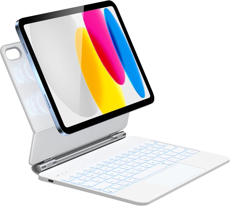 HOU iPad 11/10 Generációs Billentyűzetes Tok - Mágneses Állvány, 7 Színű Háttérvilágítás, QWERTZ Kiosztás, Bluetooth, Fehér