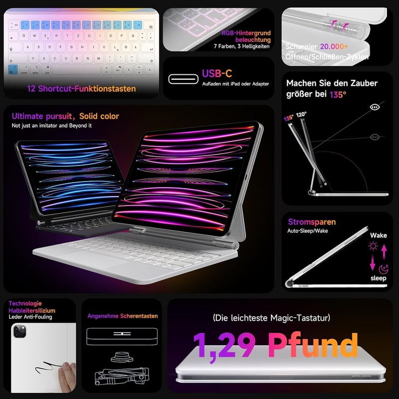 HOU iPad Air 11 (M3 2025/M2 2024)/Air 5/Air 4 Bluetooth Billentyűzetes Tok, iPad Pro 11 Kompatibilis, 7 Színű RGB Háttérvilágítás, Touchpad,
