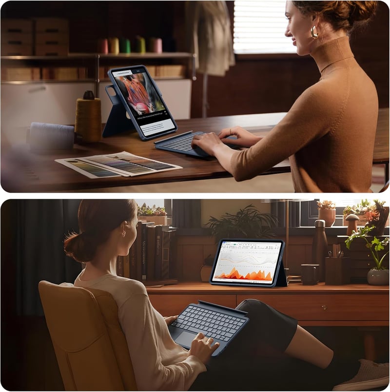 HOU iPad Air 11 M4/M3/M2 és Pro 11 forgó billentyűzetes tok 360° állvánnyal, trackpad-del és RGB világítással - Für iPad Air 11" (M3/2) & Air 5./4.& iPad Pro 11", blue