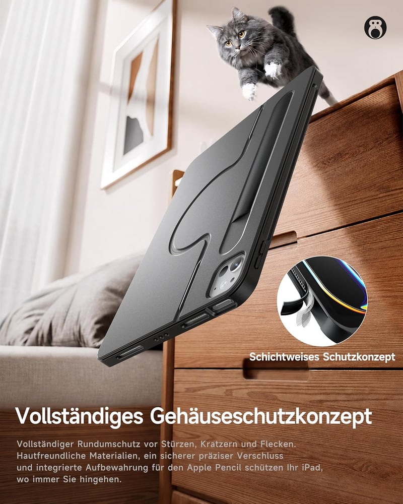 HOU 360 forgó levehető billentyűzet tok 11 iPad Air M4 M3 M2 5 4 és Pro 11 4 3 2 1 QWERTZ érintős trackpad 7 szín ceruzatartó állítható állv